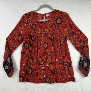 Old Navy Womens Red‎ Multi Color Rayon Floral Top S Peasant Flowy